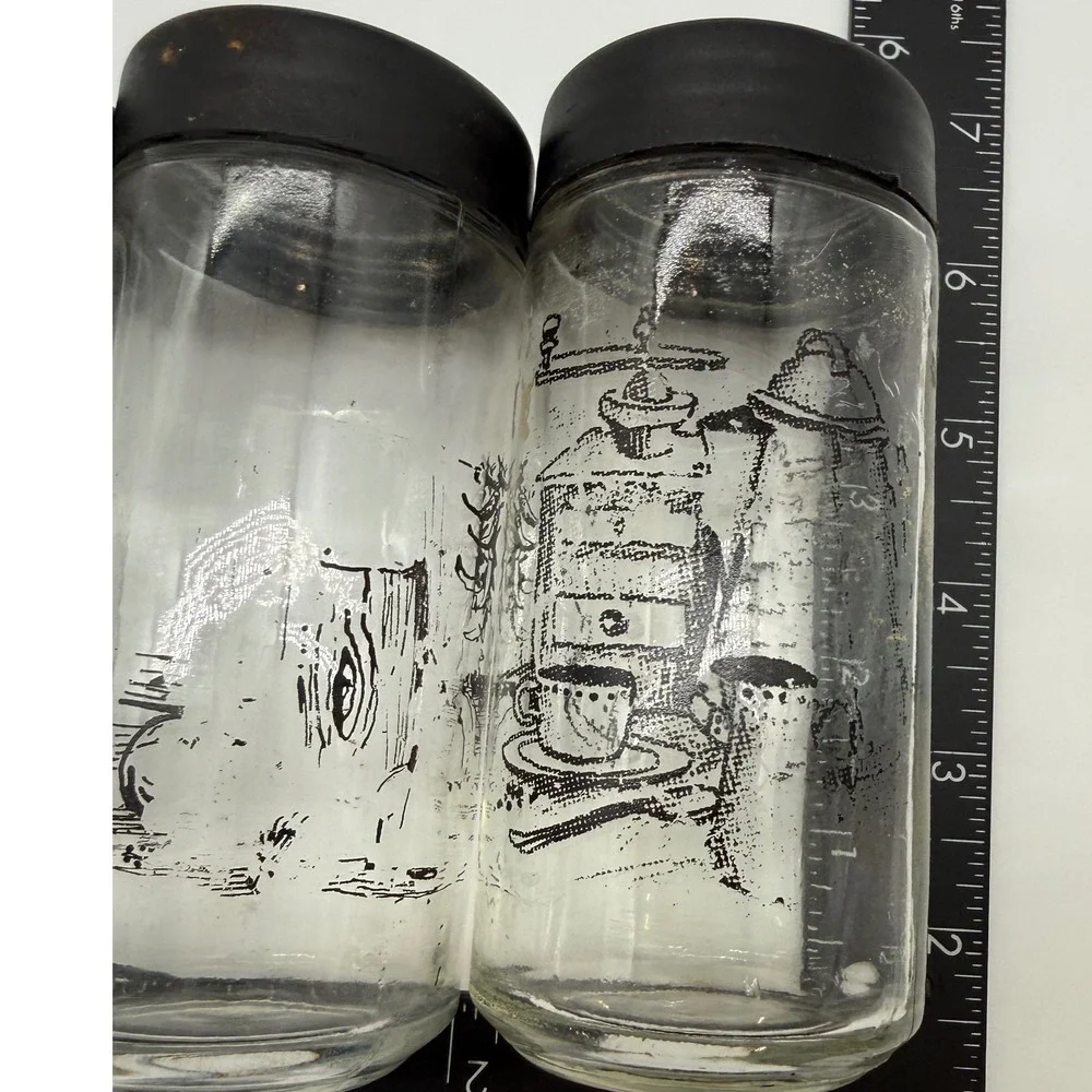 Vintage Watkins Glass Spice Jar Set of 5 Black Graphic Kitchen Sketch Shakers